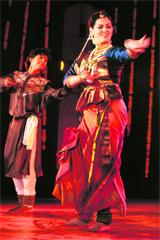 Anu Sinha of Krishna Kala Foundation and Education Society, Noida, performs kathak dance at the inauguration of the Geeta Jayanti festival in Kurukshetra on Wednesday.