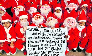 Toddlers from a Moradabad school express their fondness for Master Blaster Sachin Tendulkar on his retirement from ODIs on the eve of Christmas