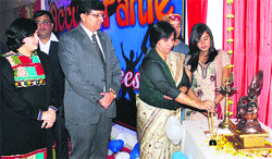 Dr Shamim Sharma, managing director of the JCD Vidyapeeth lighting a lamp to inaugurate the fresher�s party in JCDM College of Engineering at Sirsa. Photo: Sushil Manav