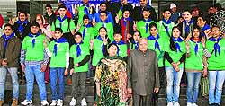 The students and faculty members of BR International Public School, Kurukshetra, with Gian Chand Chopra and Chander Chopra, before leaving for NASA, USA