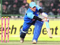 MS Dhoni plays a shot on Sunday