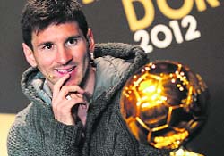 Argentina�s Lionel Messi, named the FIFA player of the year for the fourth year in a row, at the FIFA awards ceremony in Zurich on Monday night.