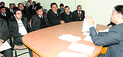 Chief Judicial Magistrate Harish Gupta addresses a meeting of advocates and para legal volunteers at Sirsa