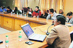 City Magistrate Nishu Singhal answers questions raised by students at their meeting with officials of the district administration on the premises of the mini-secretariat in Sonepat