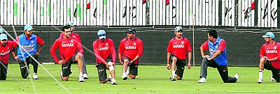 Team India members undergo stretching excercises before nets in Ranchi on Thursday. The third One-dayer against England is on Saturday