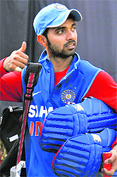 Ajinkya Rahane gives a thumbs up sign