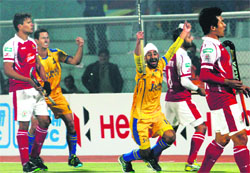 Malak Singh scored the second goal for the winners. � Tribune Photo
