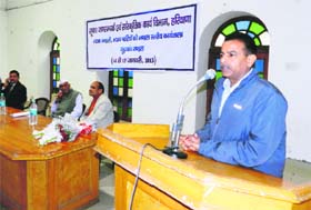 Additional Deputy Commissioner (NCR) Naresh Aggarwal addresses a divisional workshop of publicity officials in Gurgaon
