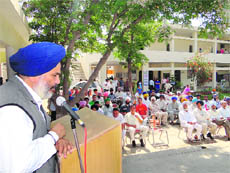 SAD leader Tejinder Pal Singh addresses a gathering at a Patiala school on Saturday. 
