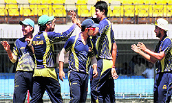 Punjab team celebrates the dismissal of a player during the Syed Mushtaq Ali tournament. They lost to Gujarat by 6 wkts on Sunday