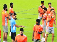 Kings XI Punjab players during practice at PCA Stadium, Mohali