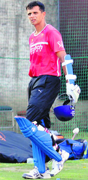 Rahul Dravid arrives for practice at the Ferozeshah Kotla ground. 