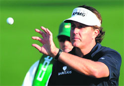 Phil Mickelson during practice for the Masters golf tournament in Augusta, Georgia, on Tuesday. 