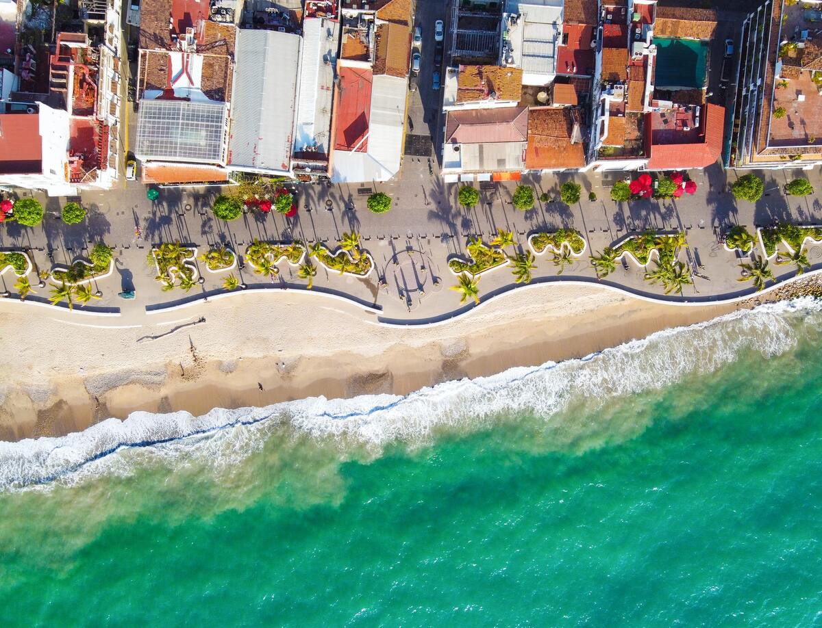 aerial view of the Puerto Vallarta Malecon and beach