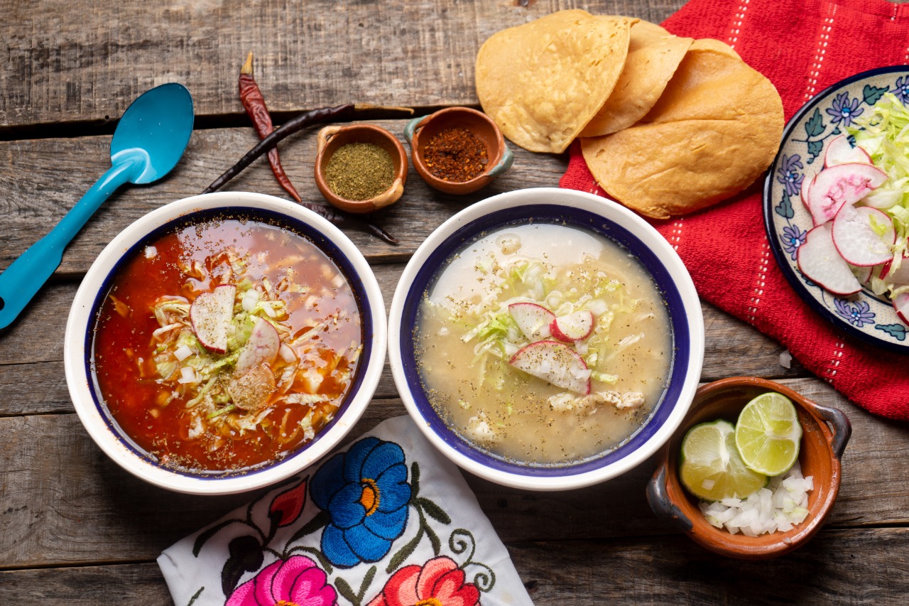 red and green pozole with tostadas