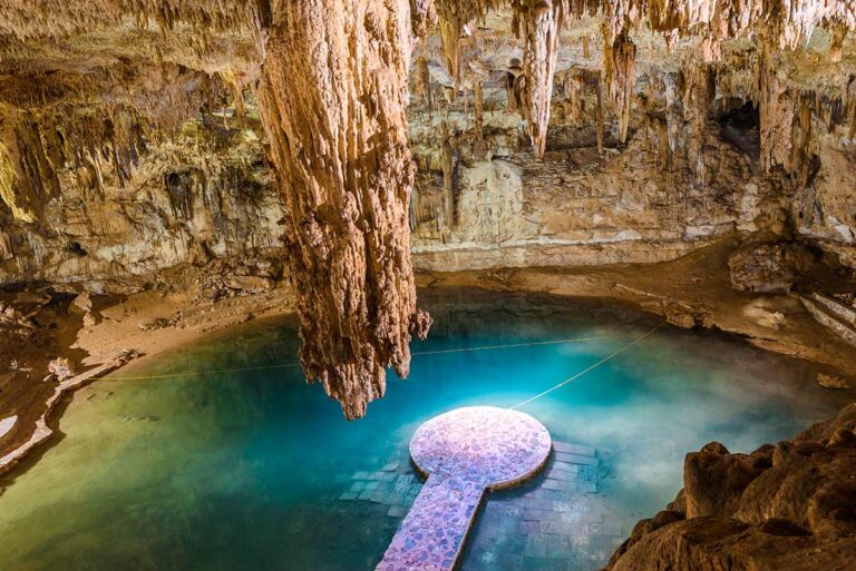 view of a staclatyte in cenote suytun near Cancun