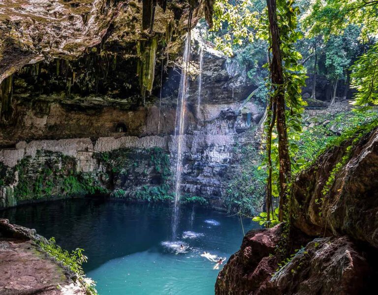 Waterfall in Zaci, a cenote near Cancun