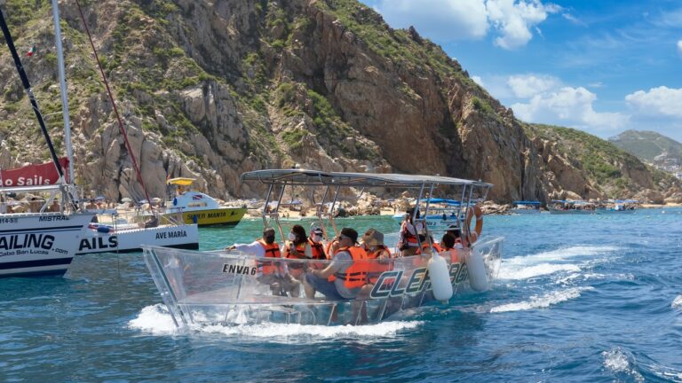 Transparent boat trour to Arch of Cabo San Lucas, El Arco, close to Playa Amantes, Lovers Beach known as Playa Del Amor and Playa del Divorcio, Divorce Beach