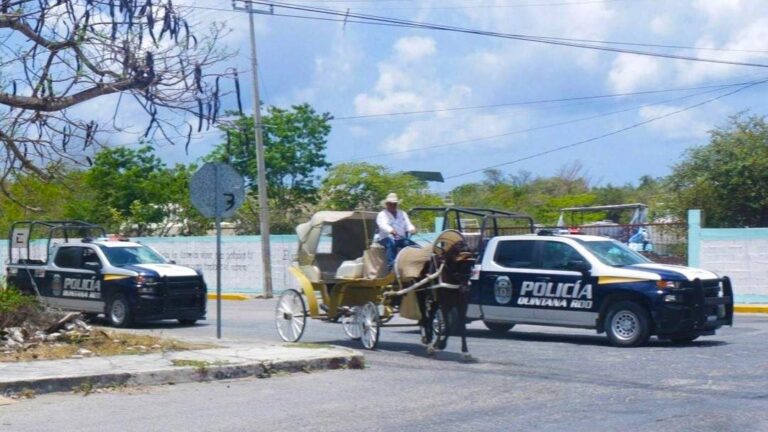 Police patrols escorting a horse-drawn carriage