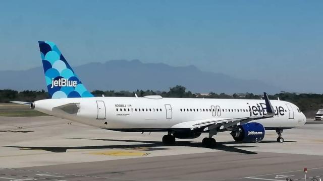 Jet Blue airplane parked at the Puerto Vallarta airport