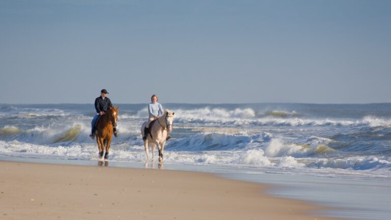 Couple horseback riding on the beach