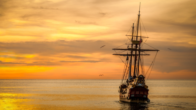 pirate ship at sunset