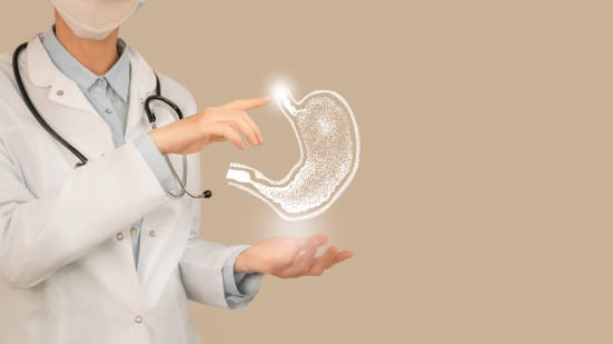 Female doctor holding virtual Stomach in hand. Handrawn human organ, copy space on right side, beige color. Healthcare hospital service concept