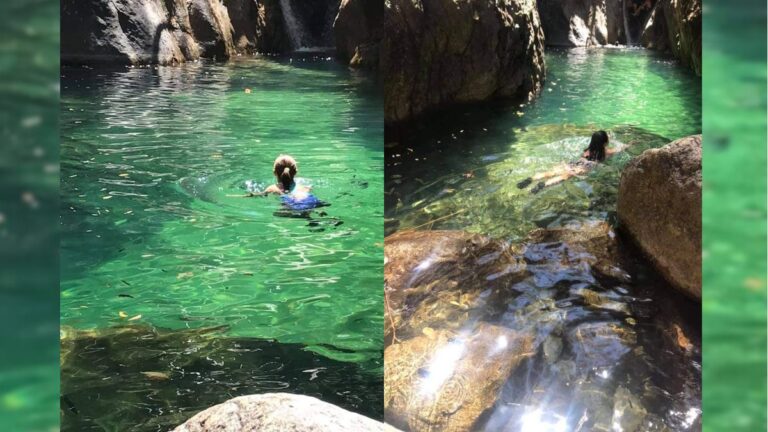 Two women swimming in the pool formed by the Palo maria waterfall in Puerto Vallarta