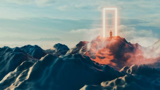 On top of a hill is a giant portal of glowing door. A man stands in front of it and is about to enter the unknown.