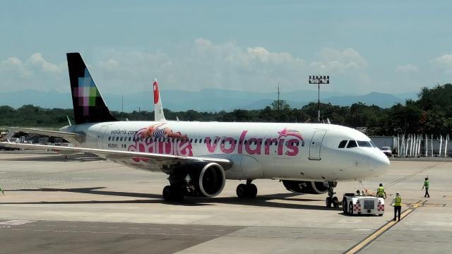 Volaris Barbie air´lane landing in Puerto Vallarta airport