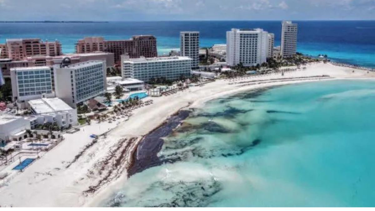 Cancun hotel zone beach with sargassum