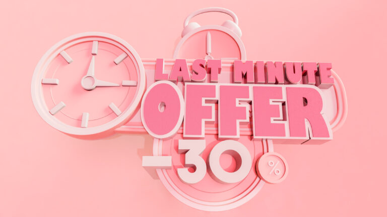 Clock with the text "Last Minute Offer" and a prominent "30% off" discount. 