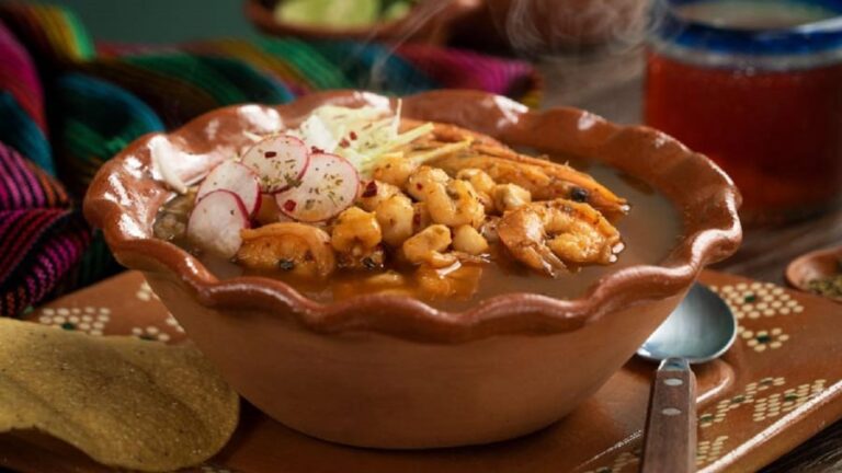 a dish of shrimp pozole