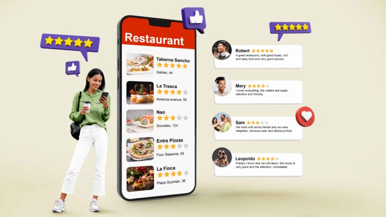 Woman giving a 5-star review on her phone withrestaurant ratings and reviews displayed