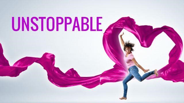 Woman dancing with the unstoppable sign made with ribbon.