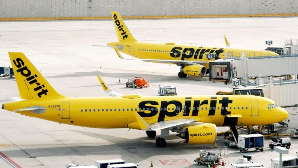 Spirit Airlines planes parked in an airport