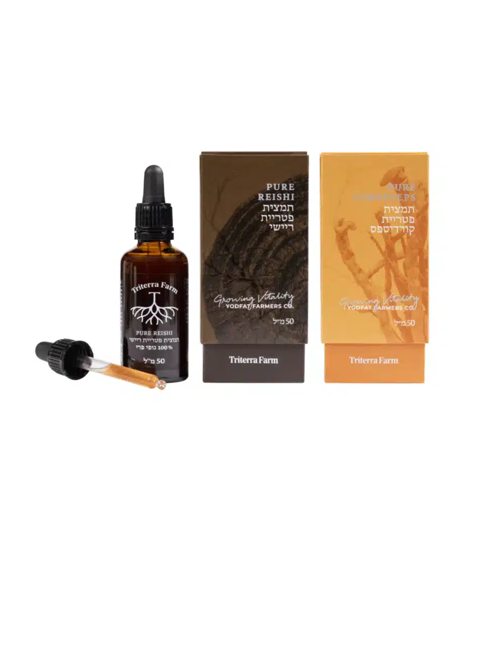 בקבוק תמצית ריישי (Reishi) של טריטרה פארם עם טפטפת, מוצב לצד שתי אריזות של תמציות: ריישי (Reishi) וקורדיספס (Cordyceps) טהור, כולם במיצוי משולש (Triple Extract), נפח 50 מ