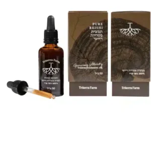 בקבוק פתוח של תמצית ריישי (Reishi) של טריטרה פארם עם טפטפת, לצד שתי אריזות תואמות. תמצית פטריית ריישי במיצוי משולש (Triple Extract), 50 מ"ל, מגופי פרי טריים בלבד.