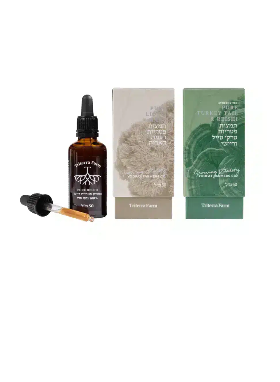 בקבוק תמצית ריישי (Reishi) של טריטרה פארם עם טפטפת, מוצב לצד שתי אריזות תמציות: רעמת האריה (Lion’s Mane) וסינרגיית טרקי טייל וריישי (Turkey Tail & Reishi), כולם במיצוי משולש (Triple Extract), נפח 50 מ