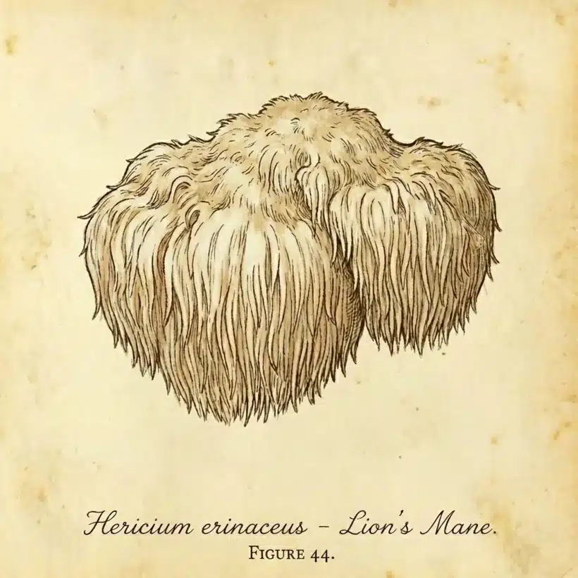 רעמת האריה (Hericium erinaceus) — איור בוטני של פטריית המרפא שאנחנו מגדלים בגליל