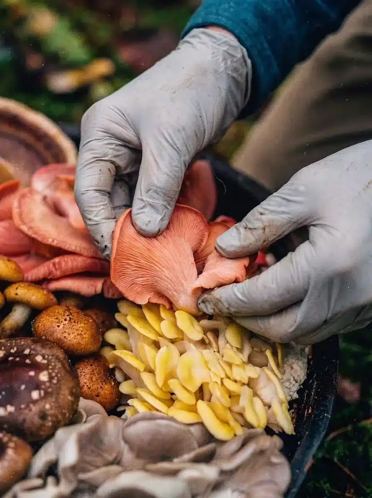 Gloved hands holding fresh oyster and shiitake mushroom fruiting bodies at the farm