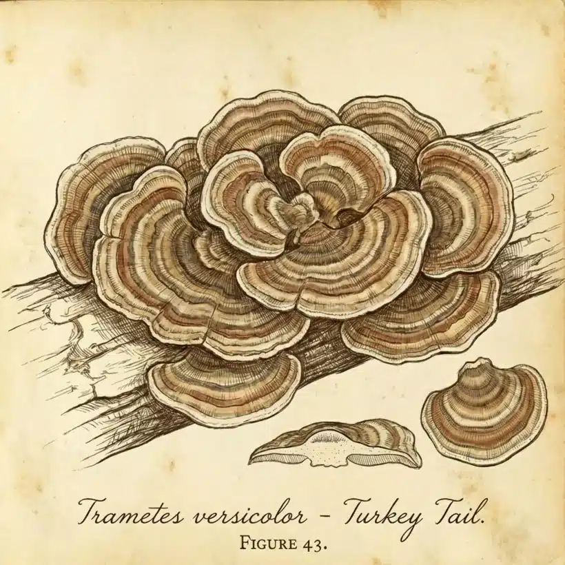 טרקי טייל, זנב תרנגול (Trametes versicolor) — איור בוטני של פטריית המרפא שאנחנו מגדלים בגליל