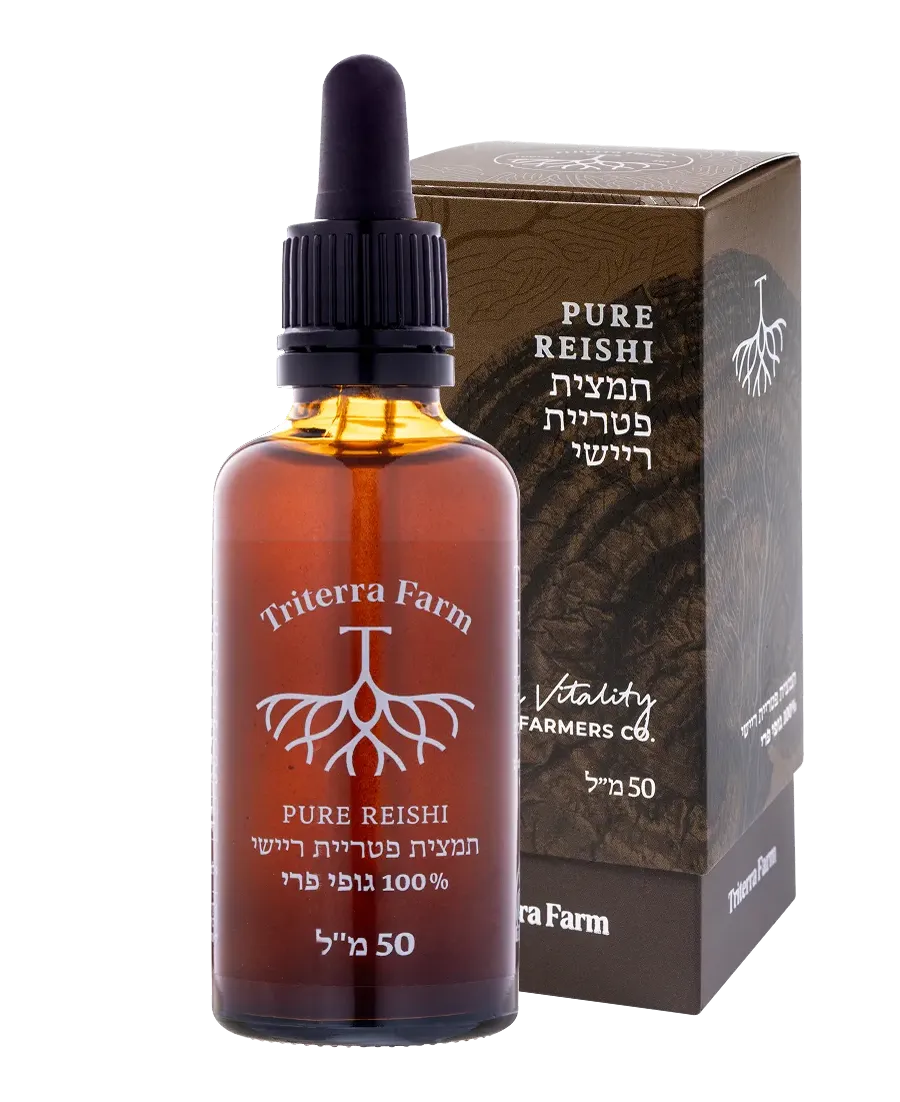 Triterra Farm reishi tincture bottle, extracted from fresh fruiting bodies