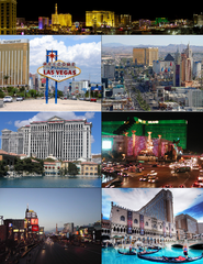 Composite of seven photos for use in the Las Vegas Strip article. Top is "Night Panorama of the Las Vegas Strip, featuring Project City Center construction to the right"; second row is "the Las Vegas Sign. June 2005" (left) and "Las Vegas strip" (right); third row is "Caesars Palace - Across Bellagio Lake" (left) and "Tropicana - Las Vegas Boulevard intersection" (right); fourth (bottom) row is "View northwards of en:Las Vegas Boulevard, taken from the Tropicana Avenue intersection, between the New York, New York and MGM Grand hotels." (left) and "Canals at the Venetian Resort Hotel Casino, a Venice-themed hotel and casino located on the famed Las Vegas Strip in Las Vegas, Nevada, on the site of the old Sands Hotel. The Venetian is owned and operated by the Las Vegas Sands Corporation." (right).