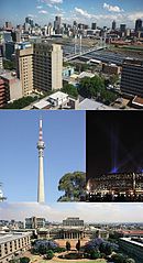 Clockwise: View of Johannesburg CBD from 
Braamfontein, The Central Business District as seen from the top of the 
Carlton Centre, The Wits University East Campus, and the Sentech 

Tower.