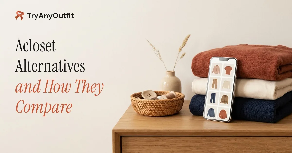 Acloset Alternatives and How They Compare cover with stacks of folded rust, cream and navy sweaters on a wooden dresser and a phone showing a closet grid