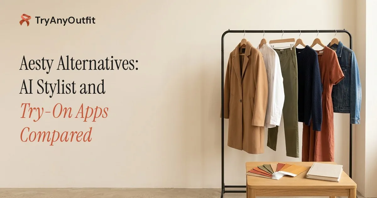 Aesty Alternatives: AI Stylist and Try-On Apps Compared cover with a black clothes rail of six outfits and fabric color swatches on a side table