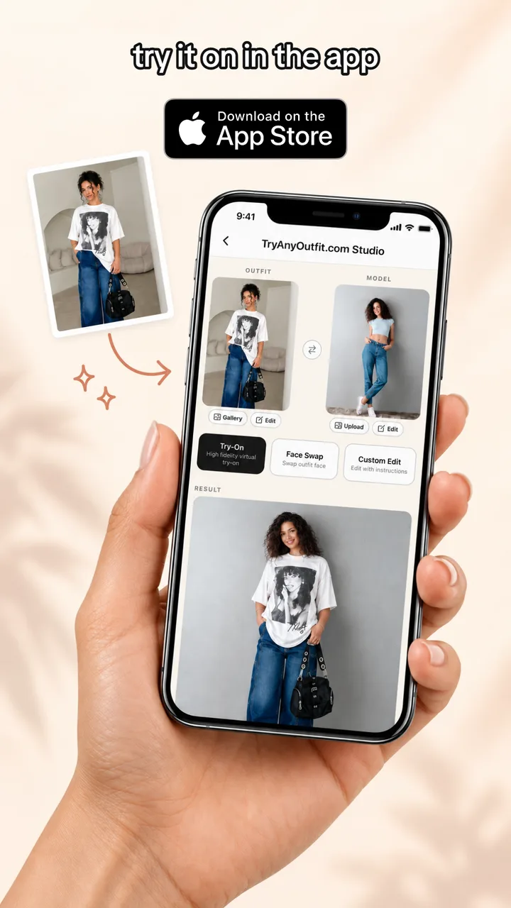 TryAnyOutfit promotional phone view showing a graphic T-shirt outfit reference, a separate person photo and the resulting outfit preview