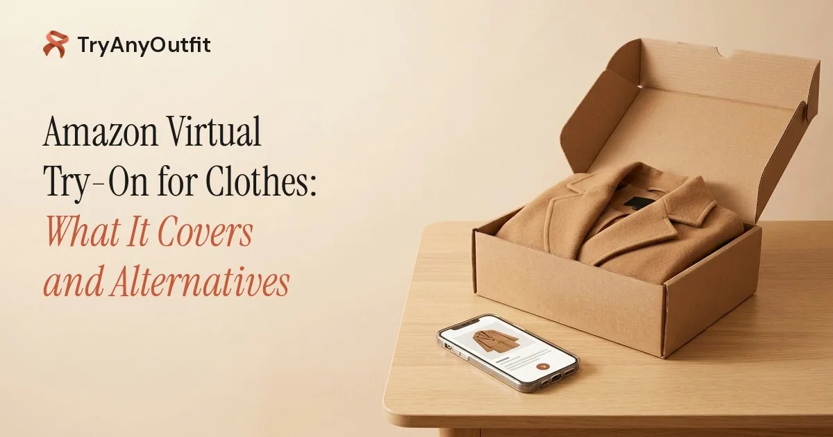 Amazon Virtual Try-On for Clothes: What It Covers and Alternatives cover with a camel coat in an open shipping box and a phone showing a product page