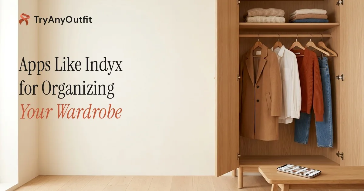 Apps Like Indyx for Organizing Your Wardrobe cover with an open wooden wardrobe of hanging clothes and a phone on a bench